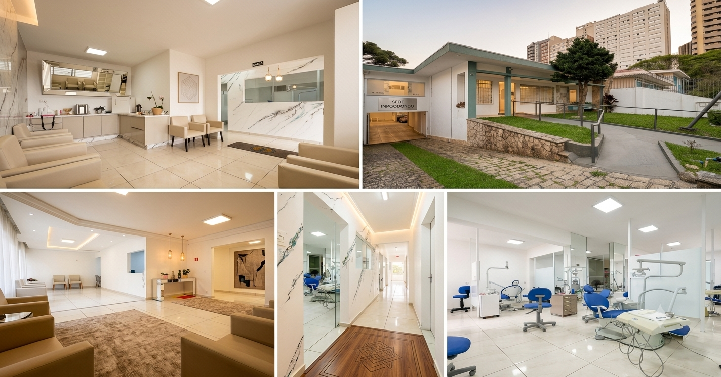 Estrutura do INPO — recepção, fachada da sede, sala de espera, corredor e consultórios